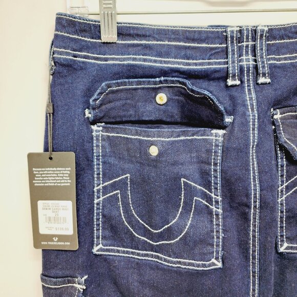 True Religion Rinse Dark Blue Denim Long Cargo Utility Skirt NWT Womens Size 29 - Picture 13 of 14